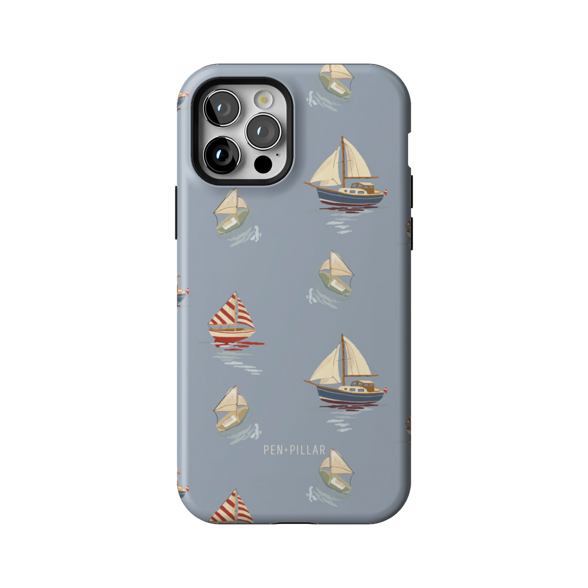 Harbor case on iPhone 12 Pro, back view: sailboats and paper boats on dusty blue