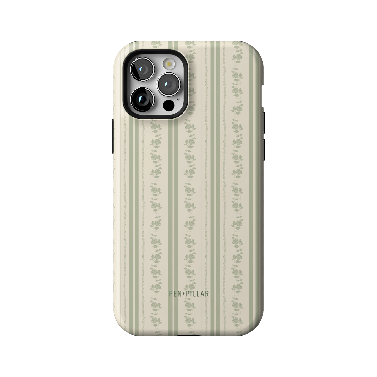 Roselle case on iPhone 12 Pro, back view: white floral vines on sage green stripes