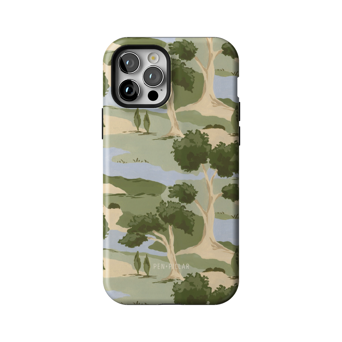 Orchard case on iPhone 12 Pro, back view: rolling green trees and winding blue streams on cream
