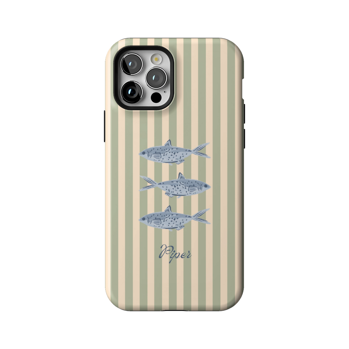 Sea Stripes Personalized case on iPhone 12 Pro, back view: blue fish on sage and cream stripes with the name Piper