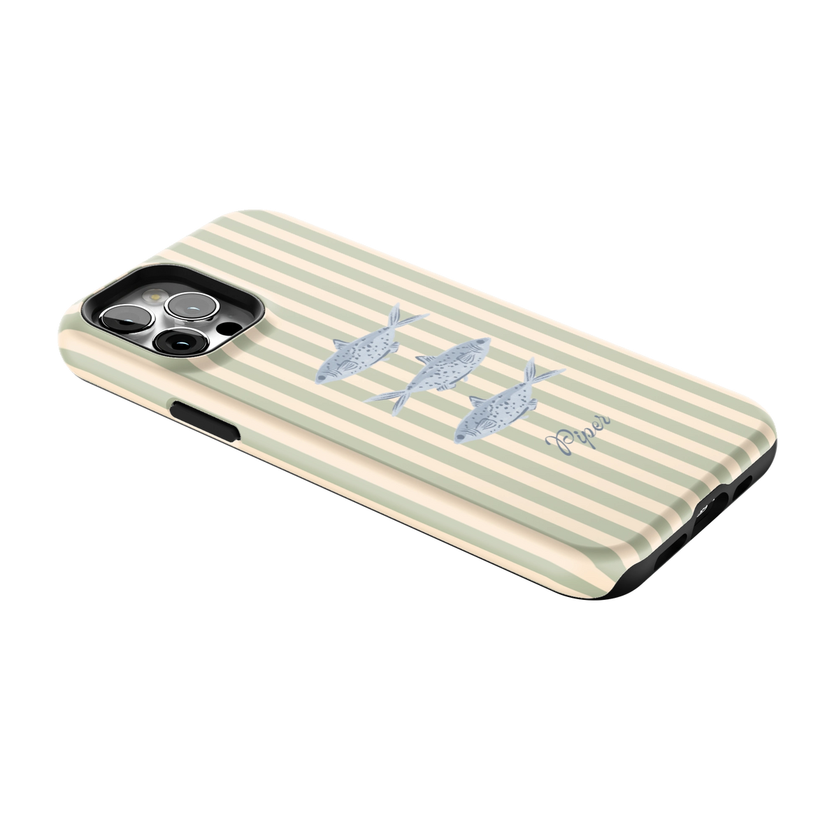 Sea Stripes Personalized iPhone 12 Pro case lying at an angle, showing the side buttons and print wrapping the edges
