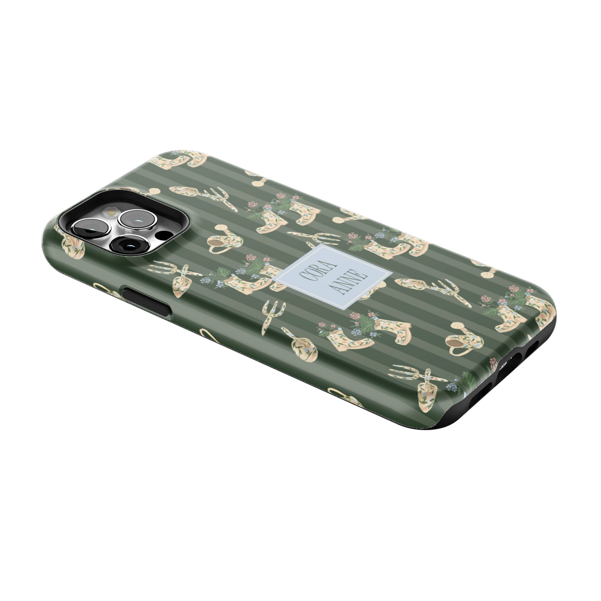 In the Garden Personalized iPhone 12 Pro case lying at an angle, showing the side buttons and print wrapping the edges