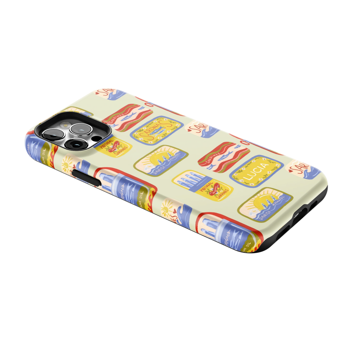 Sardines Personalized iPhone 12 Pro case lying at an angle, showing the side buttons and print wrapping the edges