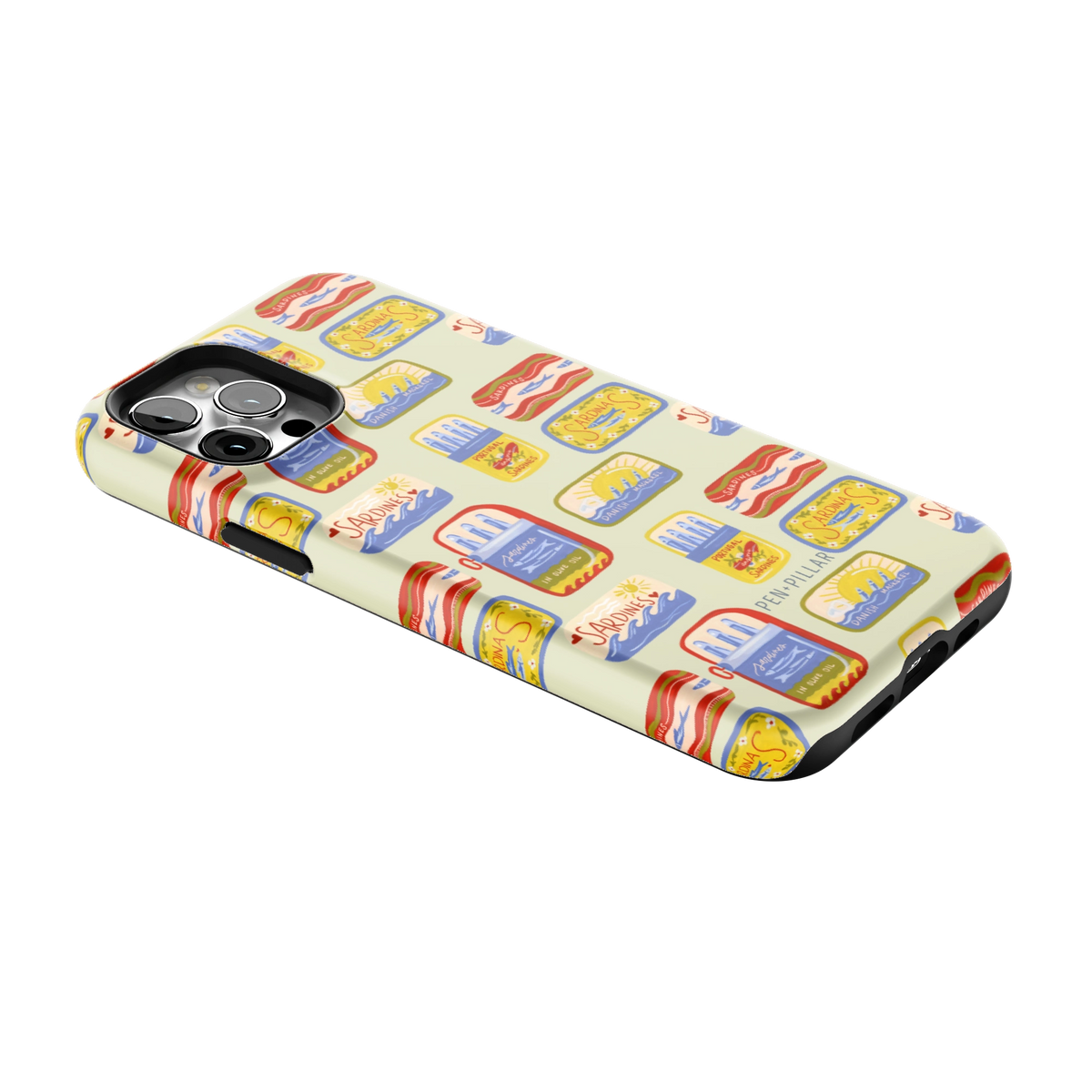 Sardines iPhone 12 Pro case lying at an angle, showing the side buttons and print wrapping the edges