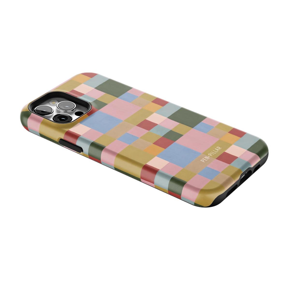 Colorblock iPhone 12 Pro case lying at an angle, showing the side buttons and print wrapping the edges