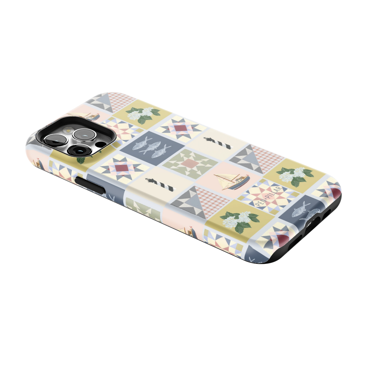 Coastal Quilt iPhone 12 Pro case lying at an angle, showing the side buttons and print wrapping the edges
