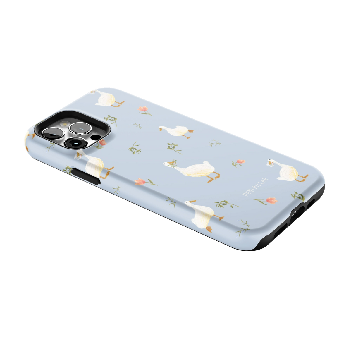 Ducks iPhone 12 Pro case lying at an angle, showing the side buttons and print wrapping the edges