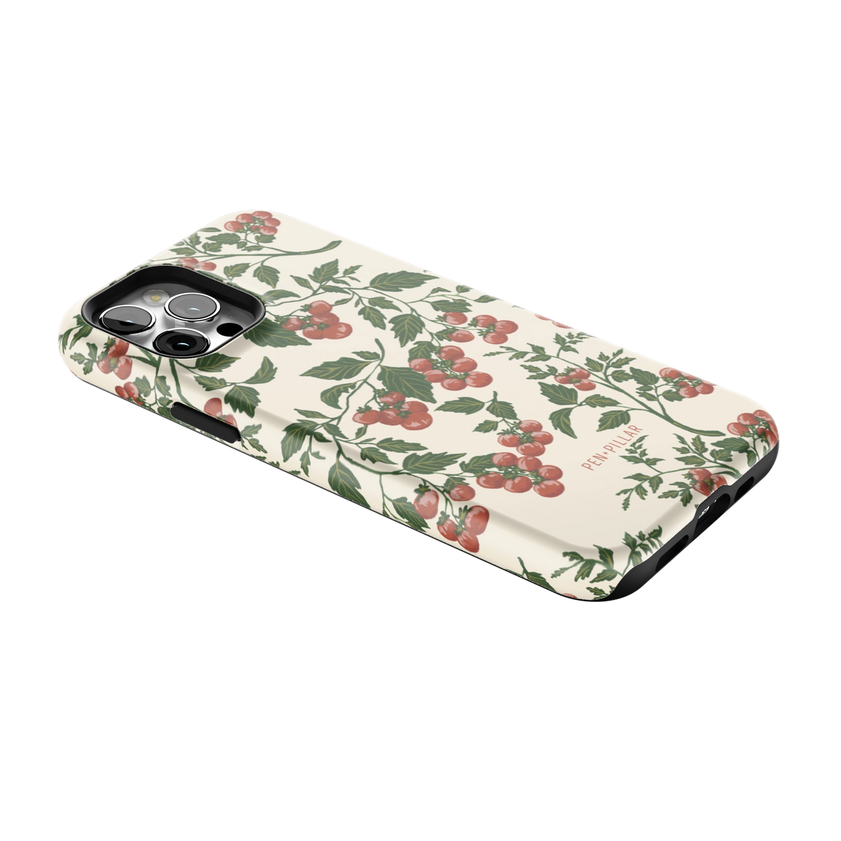 Tomato Vines iPhone 12 Pro case lying at an angle, showing the side buttons and print wrapping the edges