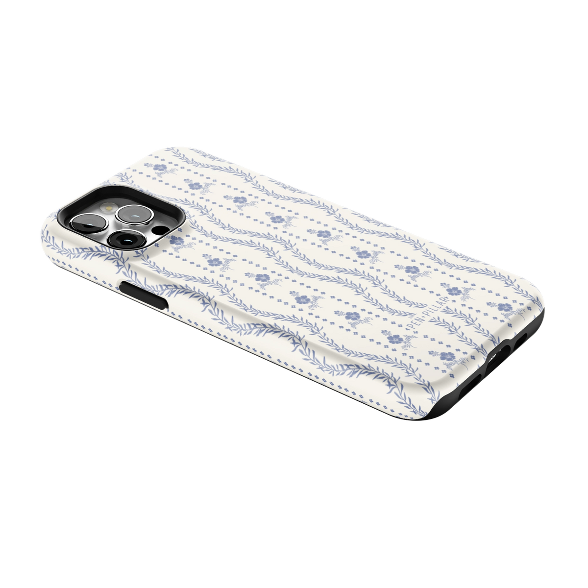 Riviera iPhone 12 Pro case lying at an angle, showing the side buttons and print wrapping the edges