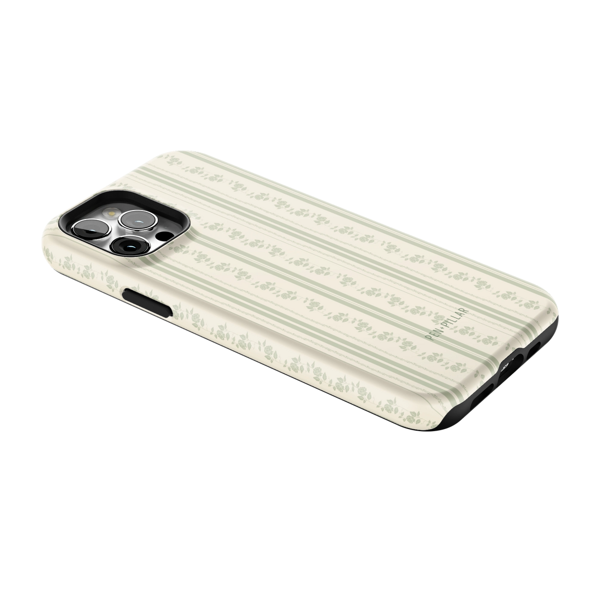 Roselle iPhone 12 Pro case lying at an angle, showing the side buttons and print wrapping the edges