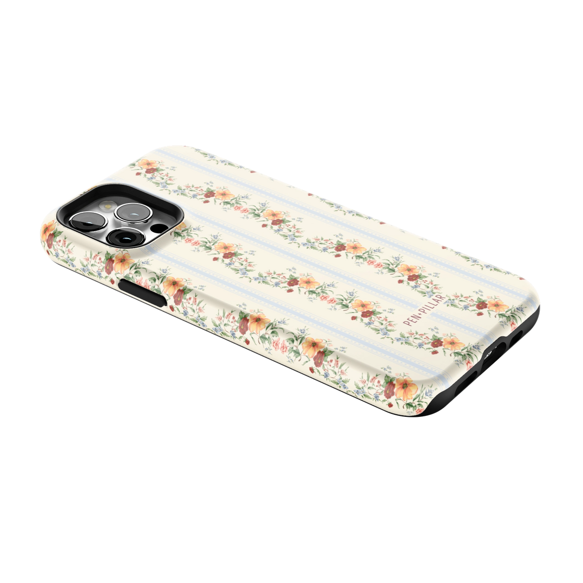 Wallflower iPhone 12 Pro case lying at an angle, showing the side buttons and print wrapping the edges