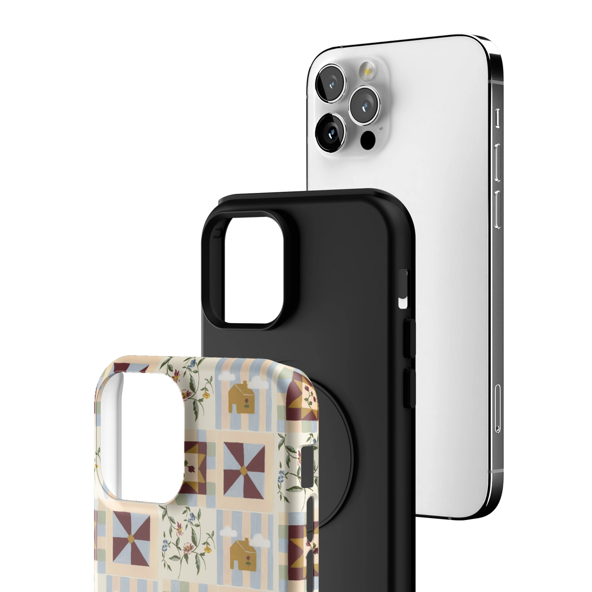 Exploded view of the Pinwheel Personalized iPhone 12 Pro case: printed shell, black inner layer with MagSafe ring, and phone
