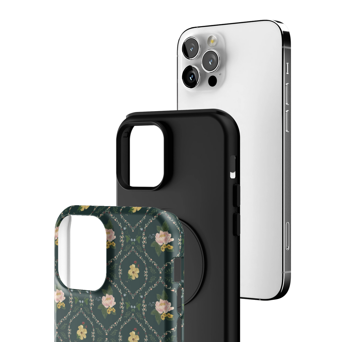Exploded view of the Meadow iPhone 12 Pro case: printed shell, black inner layer with MagSafe ring, and phone