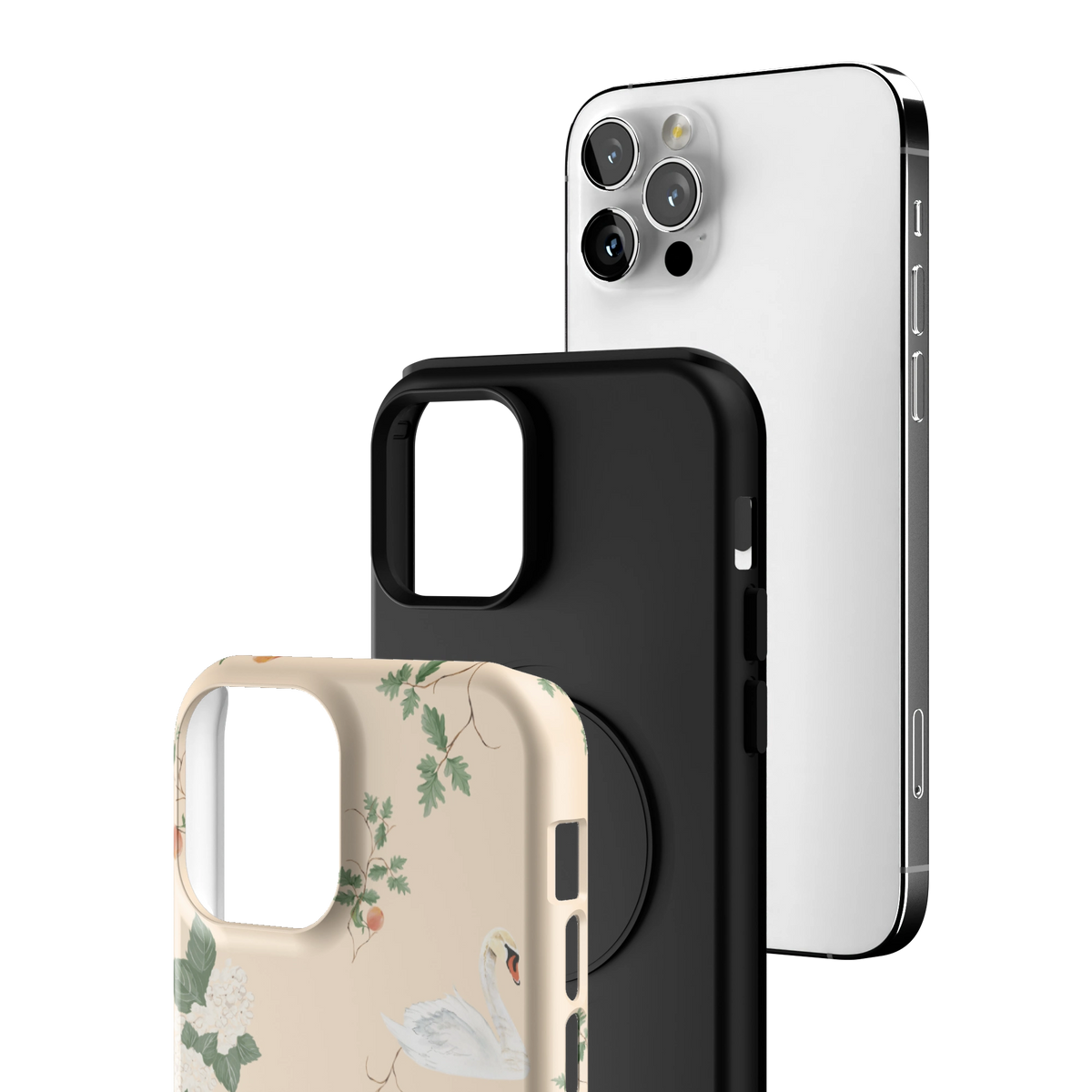Exploded view of the Swan Hollow iPhone 12 Pro case: printed shell, black inner layer with MagSafe ring, and phone