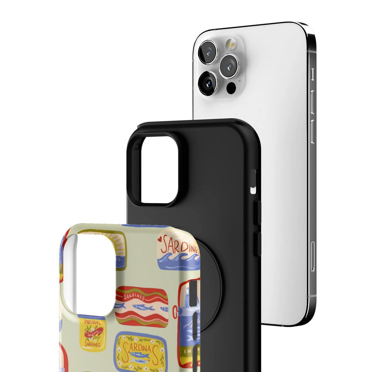 Exploded view of the Sardines Personalized iPhone 12 Pro case: printed shell, black inner layer with MagSafe ring, and phone