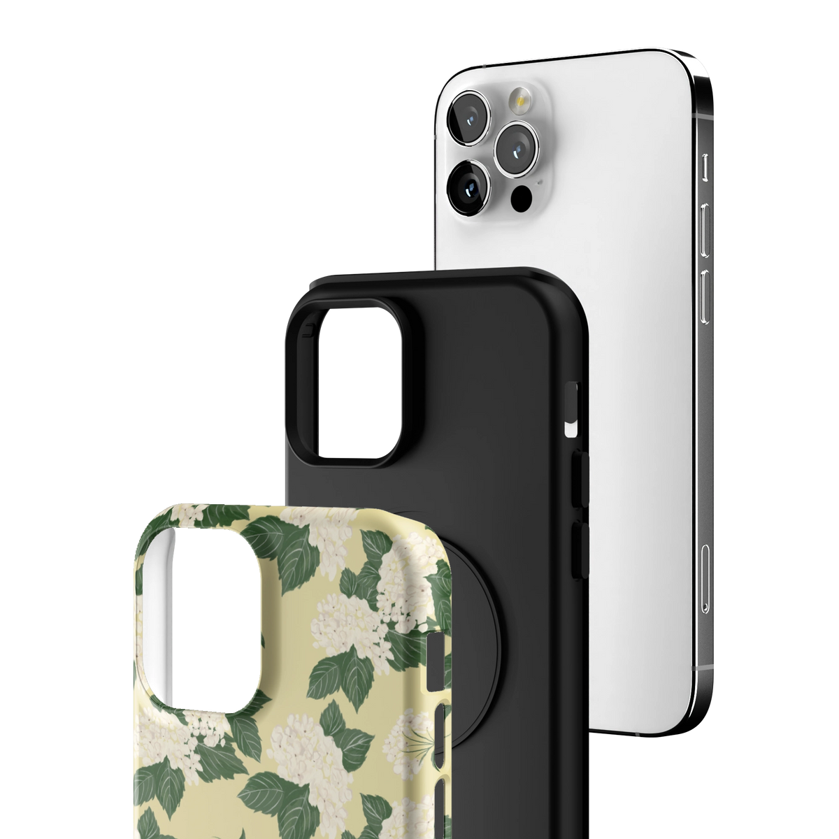Exploded view of the Hydrangea iPhone 12 Pro case: printed shell, black inner layer with MagSafe ring, and phone
