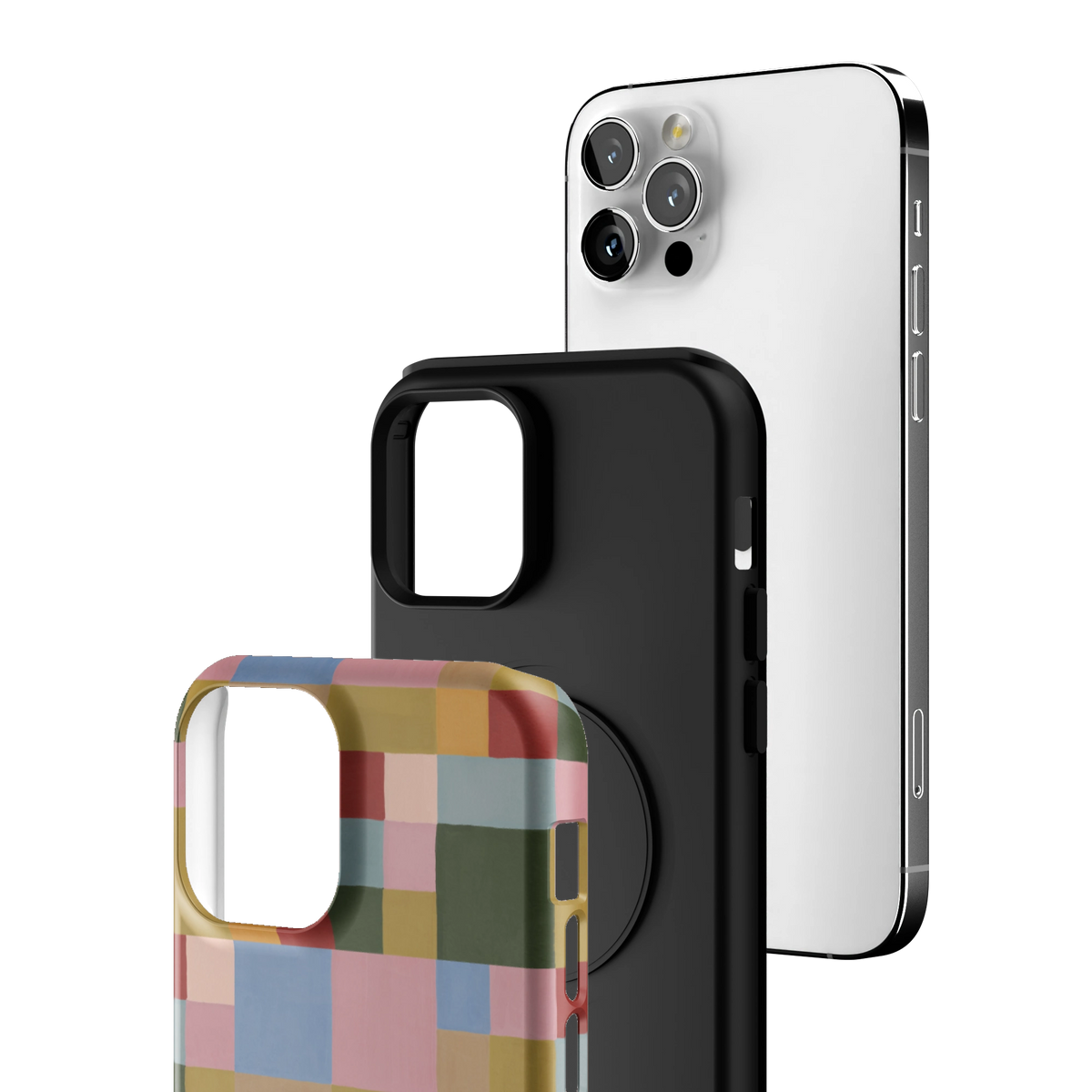 Exploded view of the Colorblock iPhone 12 Pro case: printed shell, black inner layer with MagSafe ring, and phone