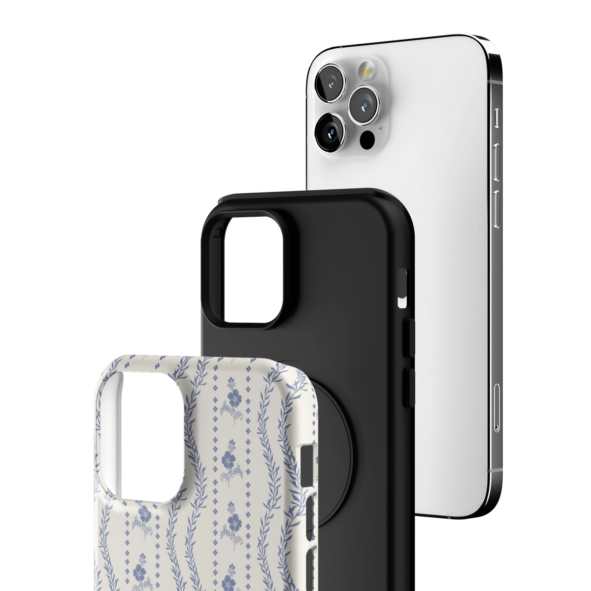 Exploded view of the Riviera iPhone 12 Pro case: printed shell, black inner layer with MagSafe ring, and phone