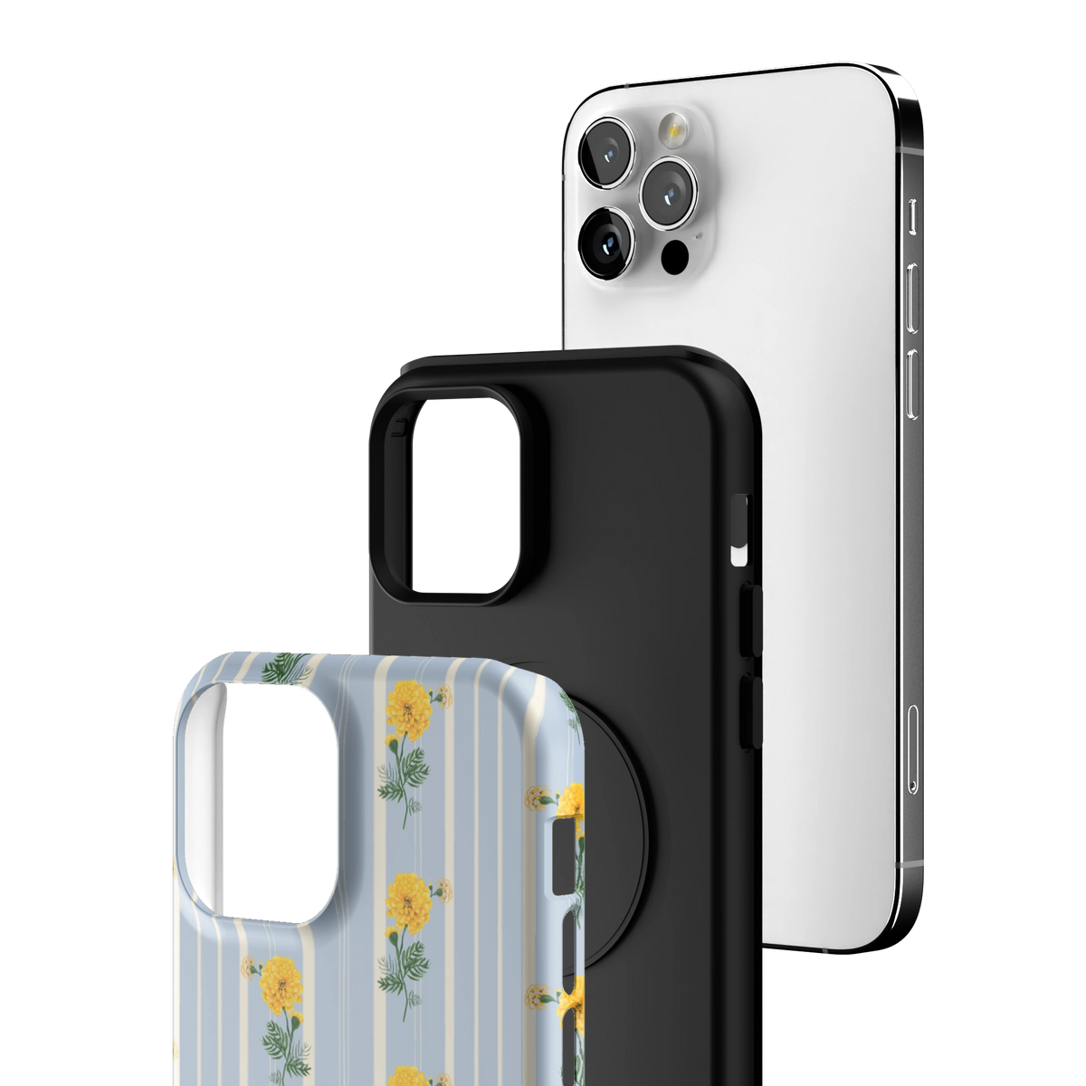 Exploded view of the October Birth Month iPhone 12 Pro case: printed shell, black inner layer with MagSafe ring, and phone
