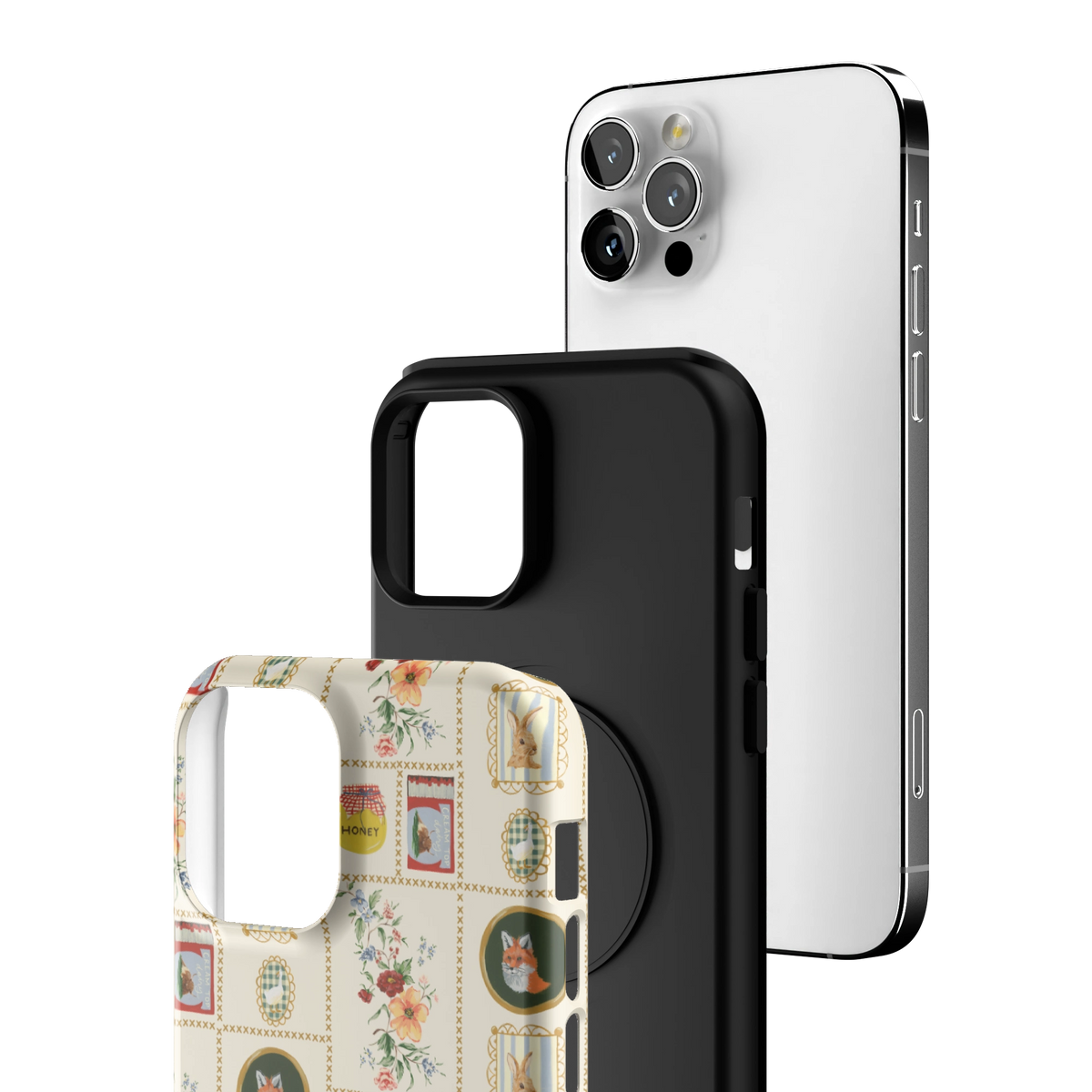 Exploded view of the Sampler Personalized iPhone 12 Pro case: printed shell, black inner layer with MagSafe ring, and phone