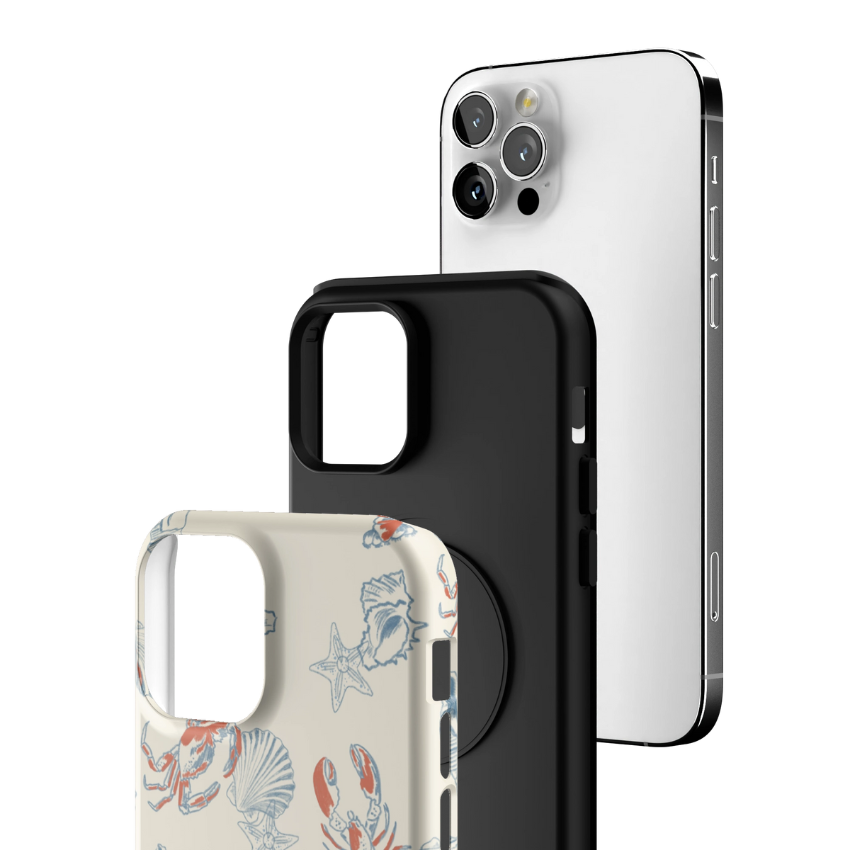 Exploded view of the Mariner Personalized iPhone 12 Pro case: printed shell, black inner layer with MagSafe ring, and phone