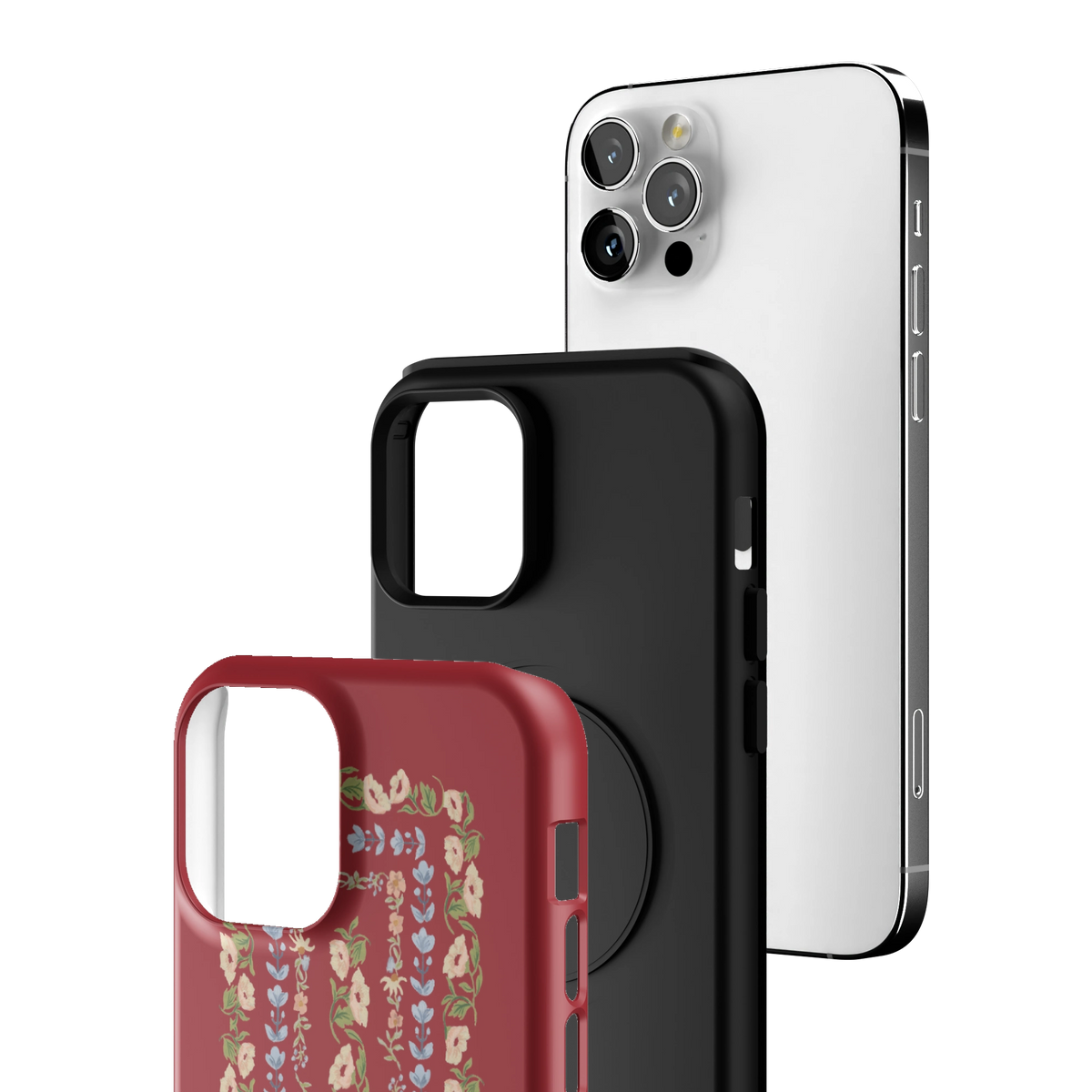 Exploded view of the Fiona iPhone 12 Pro case: printed shell, black inner layer with MagSafe ring, and phone