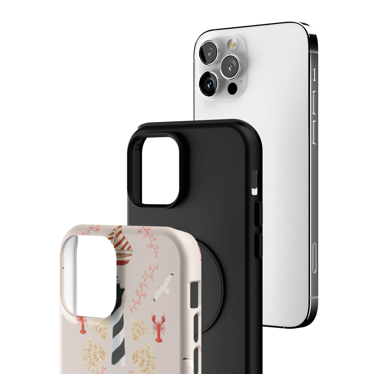 Exploded view of the Lighthouse Personalized iPhone 12 Pro case: printed shell, black inner layer with MagSafe ring, and phone