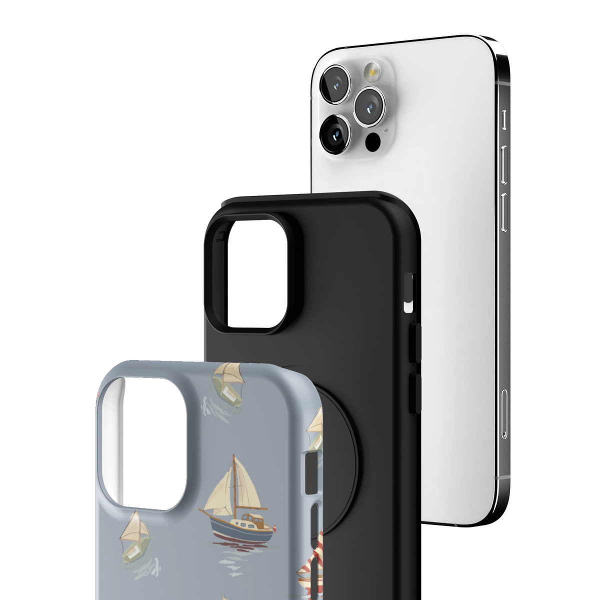 Exploded view of the Harbor iPhone 12 Pro case: printed shell, black inner layer with MagSafe ring, and phone