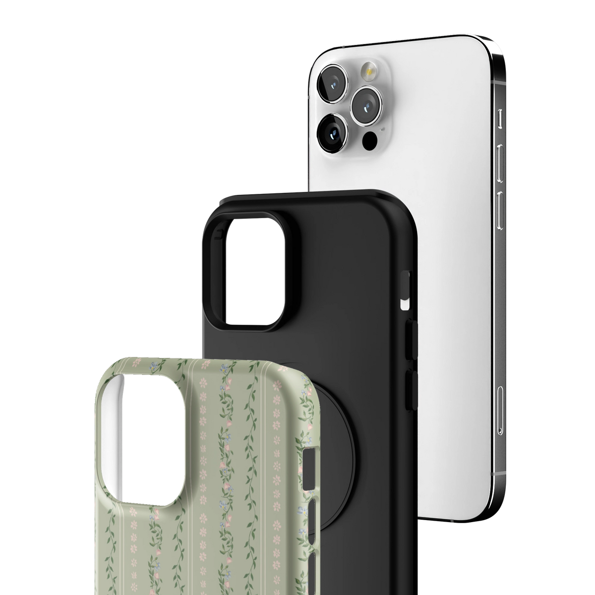 Exploded view of the Camellia iPhone 12 Pro case: printed shell, black inner layer with MagSafe ring, and phone