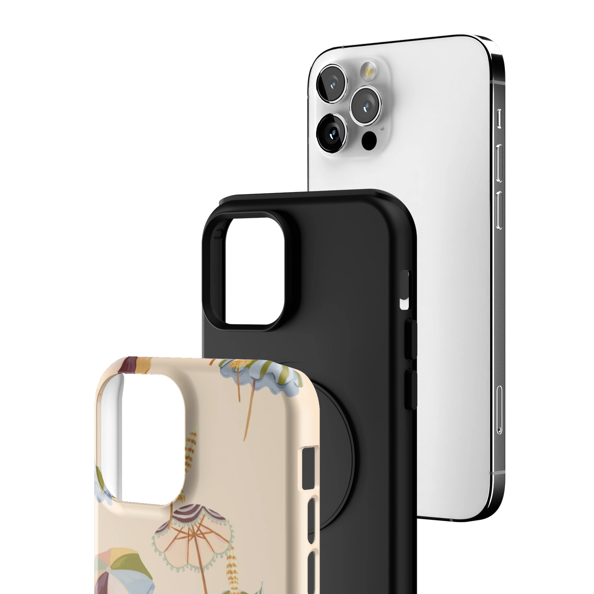 Exploded view of the Umbrellas Personalized iPhone 12 Pro case: printed shell, black inner layer with MagSafe ring, and phone