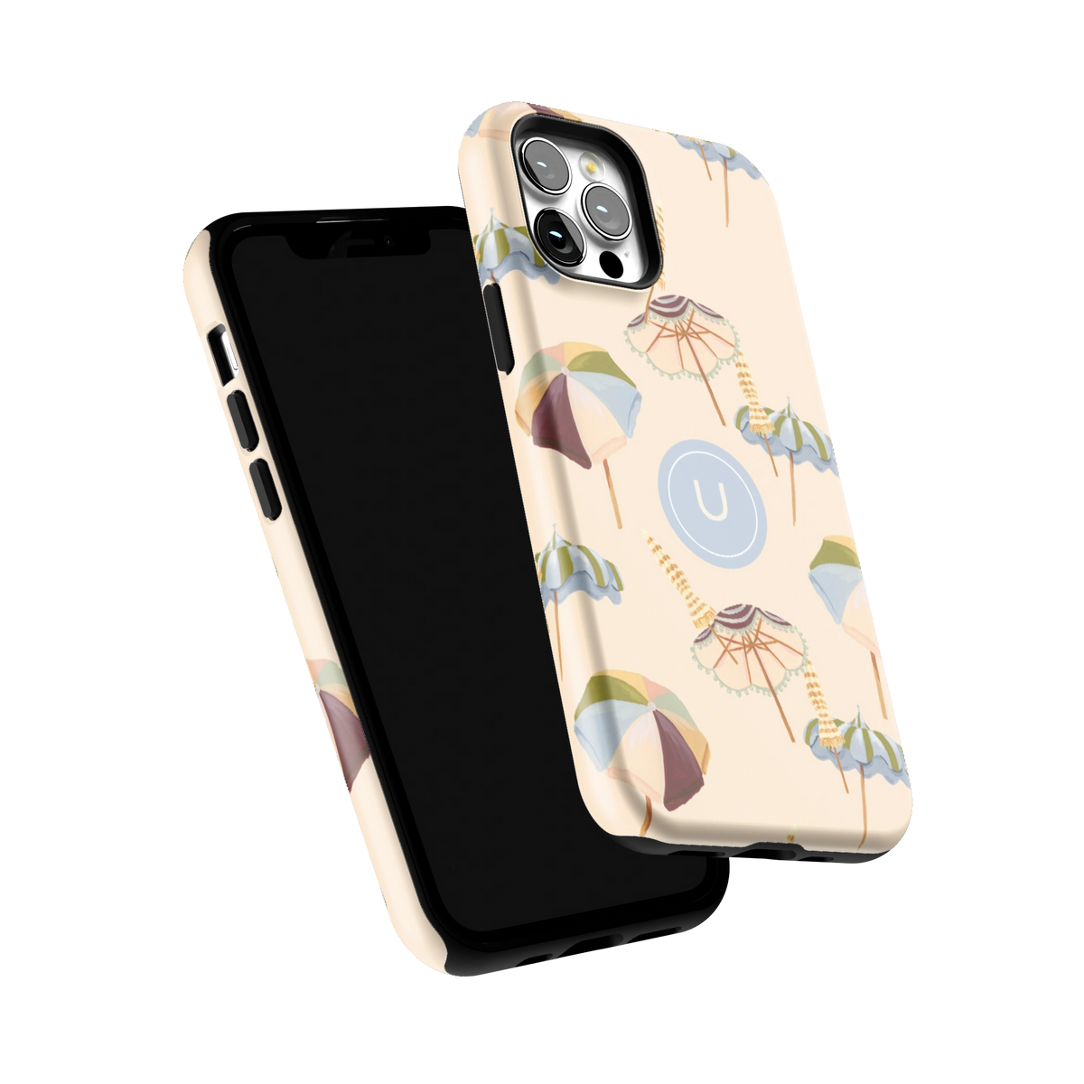 Umbrellas Personalized iPhone 12 Pro case tilted to show the raised edges around the screen and camera