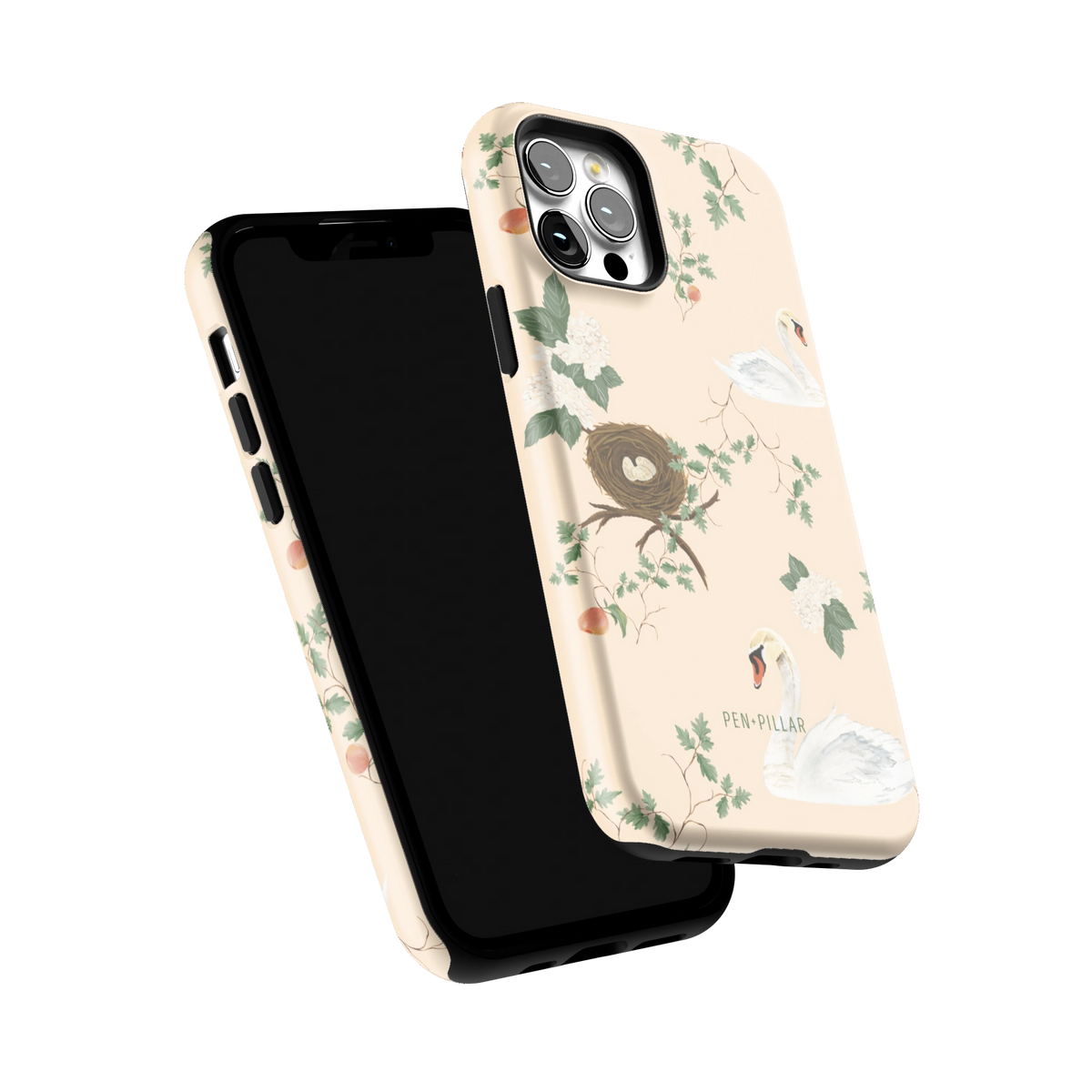 Swan Hollow iPhone 12 Pro case tilted to show the raised edges around the screen and camera