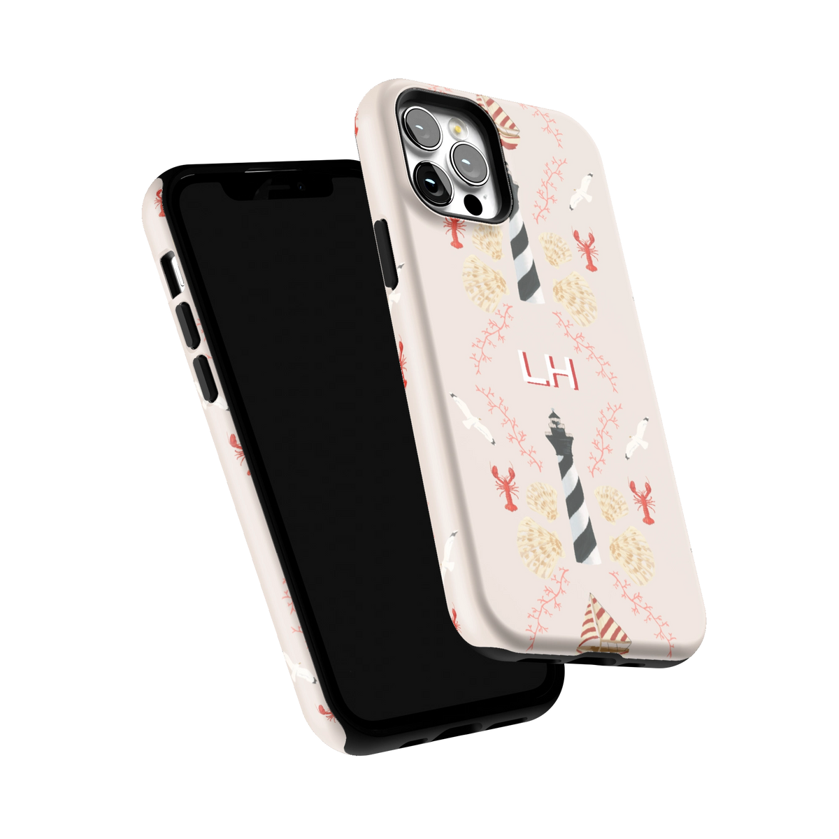 Lighthouse Personalized iPhone 12 Pro case tilted to show the raised edges around the screen and camera