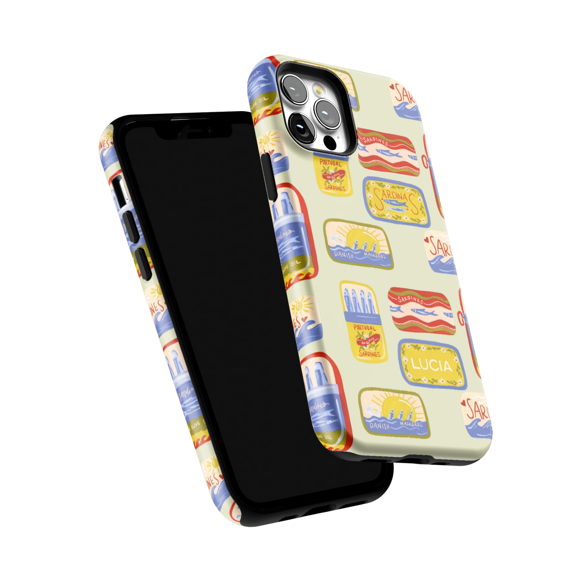 Sardines Personalized iPhone 12 Pro case tilted to show the raised edges around the screen and camera
