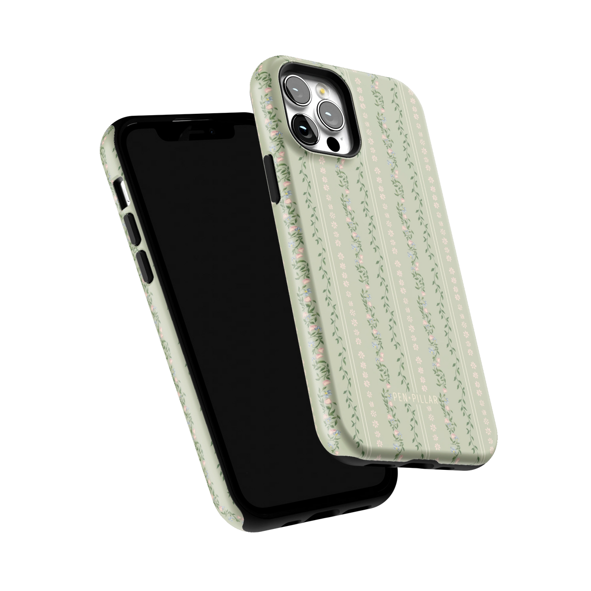 Camellia iPhone 12 Pro case tilted to show the raised edges around the screen and camera