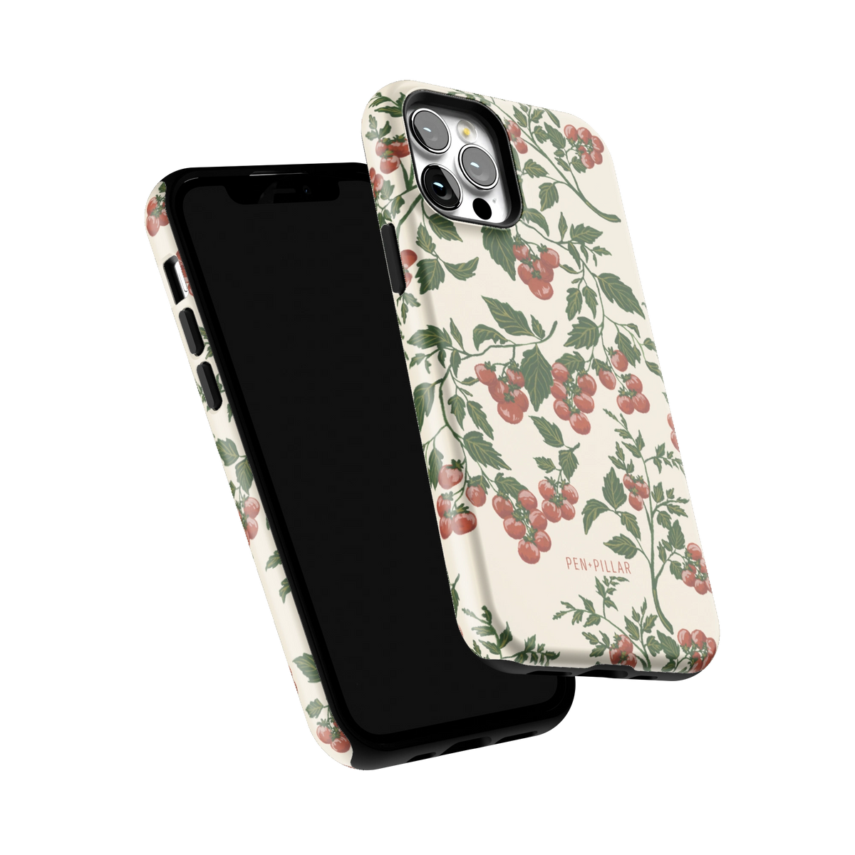 Tomato Vines iPhone 12 Pro case tilted to show the raised edges around the screen and camera