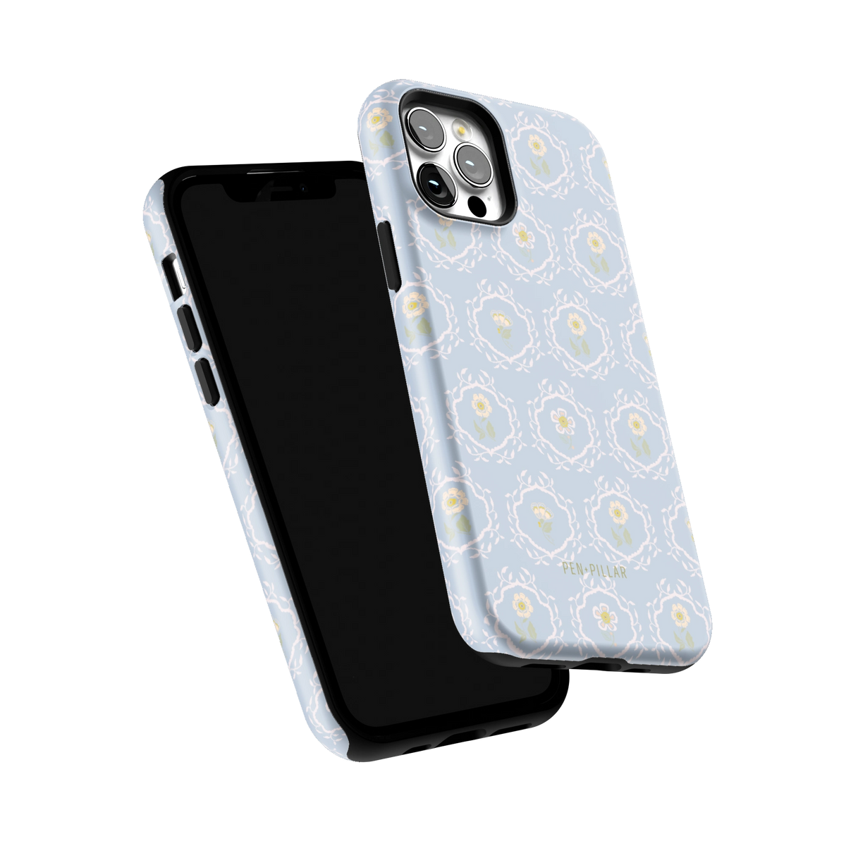 Merrigold iPhone 12 Pro case tilted to show the raised edges around the screen and camera