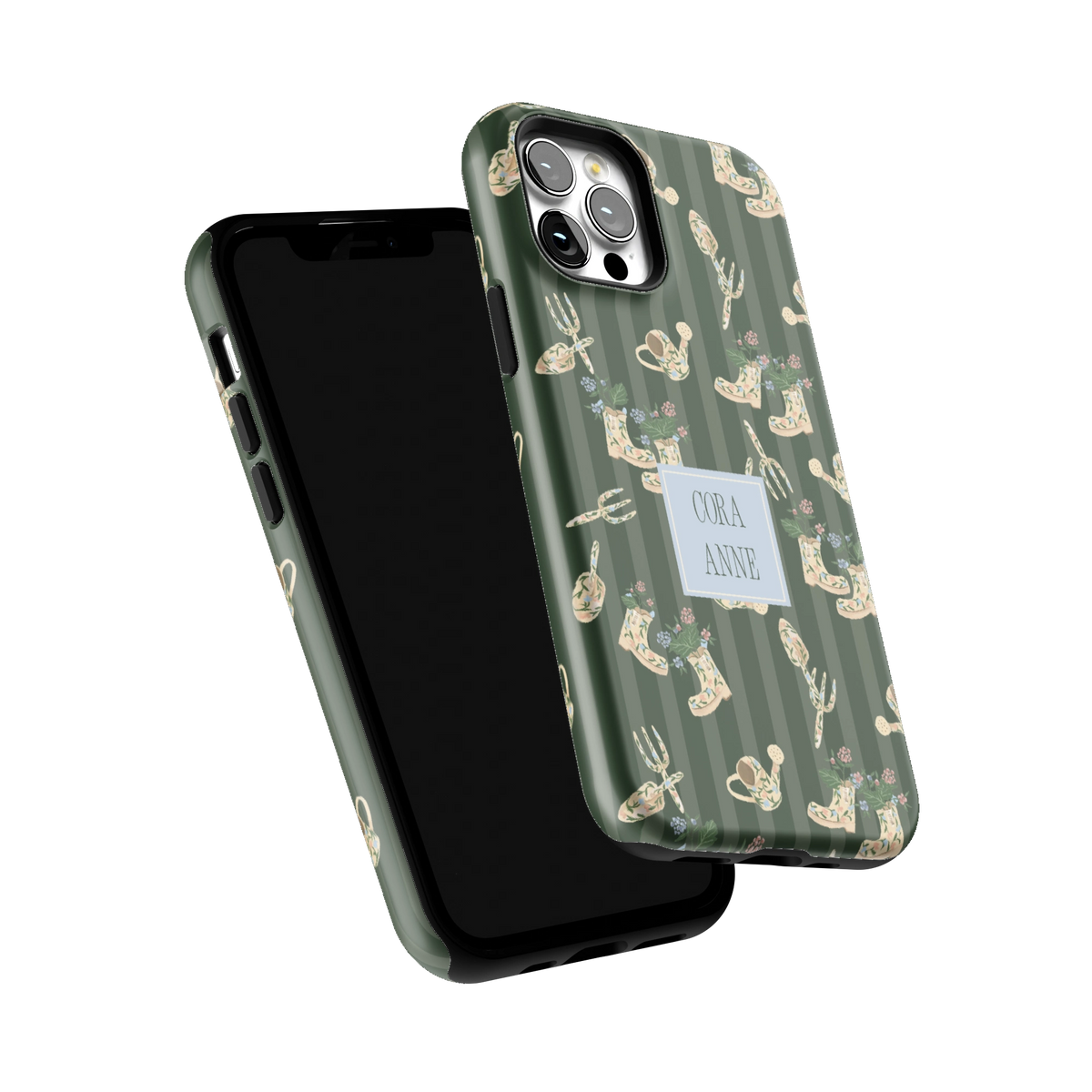 In the Garden Personalized iPhone 12 Pro case tilted to show the raised edges around the screen and camera