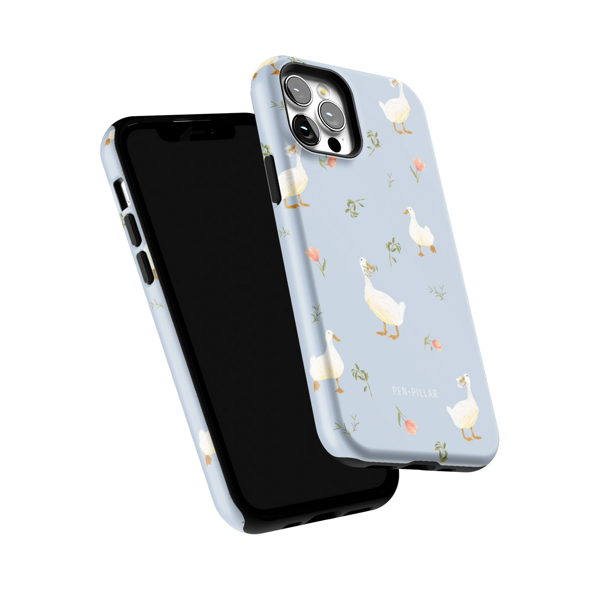 Ducks iPhone 12 Pro case tilted to show the raised edges around the screen and camera