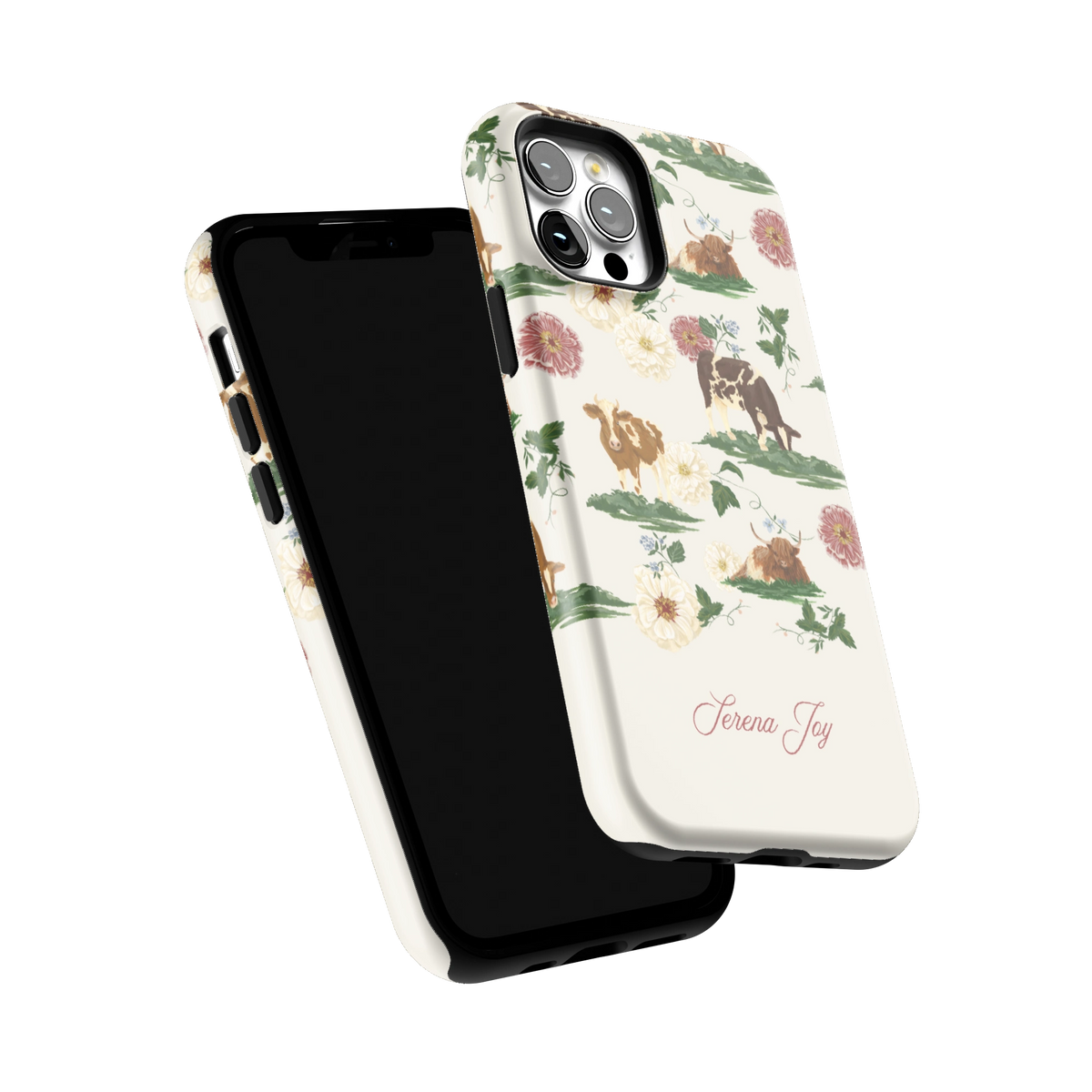 Pasture Personalized iPhone 12 Pro case tilted to show the raised edges around the screen and camera