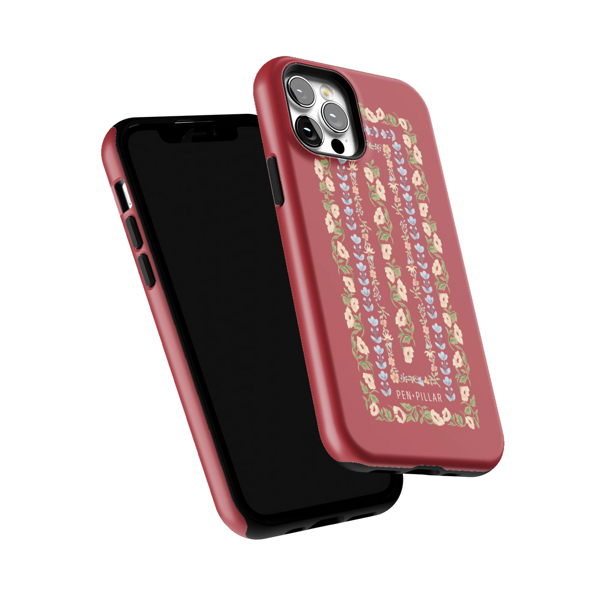 Fiona iPhone 12 Pro case tilted to show the raised edges around the screen and camera