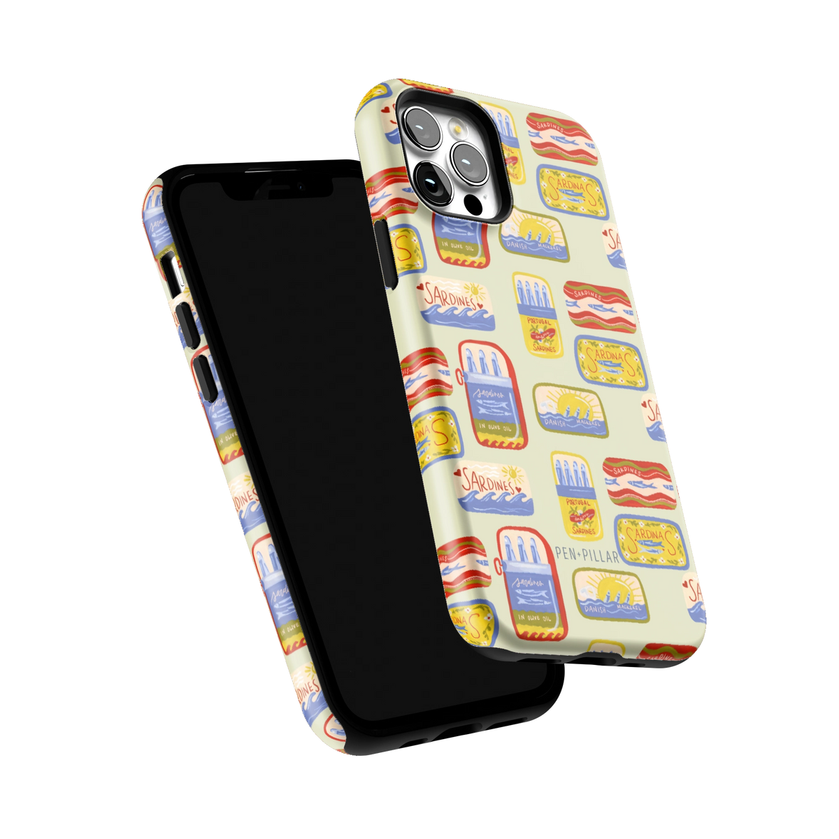 Sardines iPhone 12 Pro case tilted to show the raised edges around the screen and camera