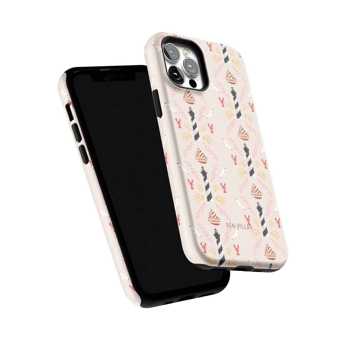Lighthouse iPhone 12 Pro case tilted to show the raised edges around the screen and camera