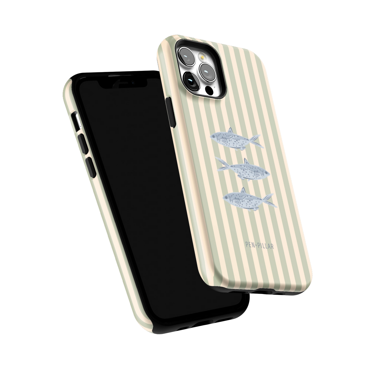 Sea Stripes iPhone 12 Pro case tilted to show the raised edges around the screen and camera