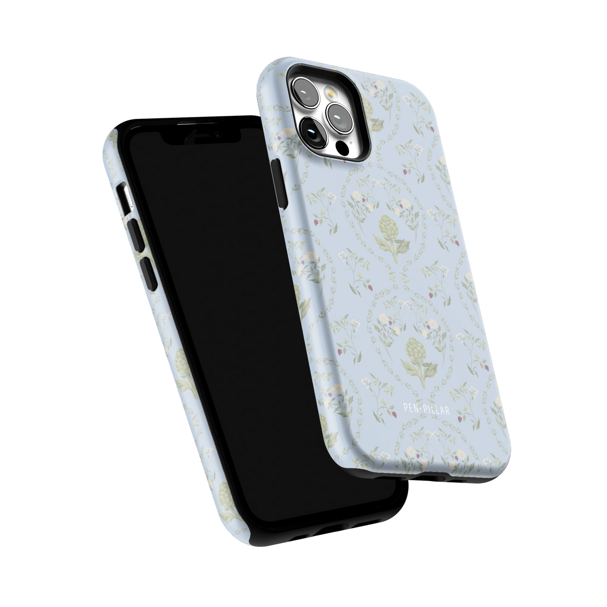 Artichoke iPhone 12 Pro case tilted to show the raised edges around the screen and camera