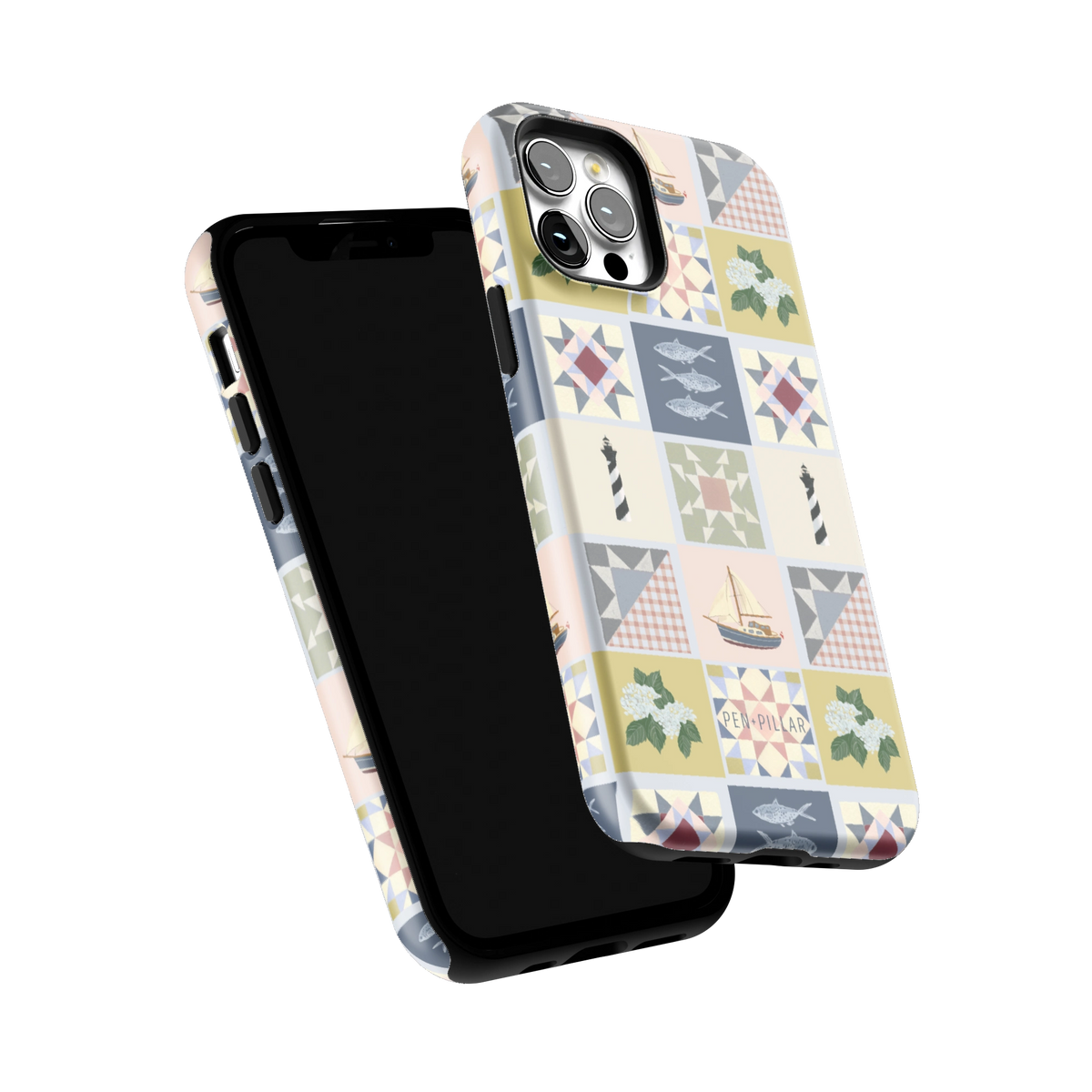 Coastal Quilt iPhone 12 Pro case tilted to show the raised edges around the screen and camera