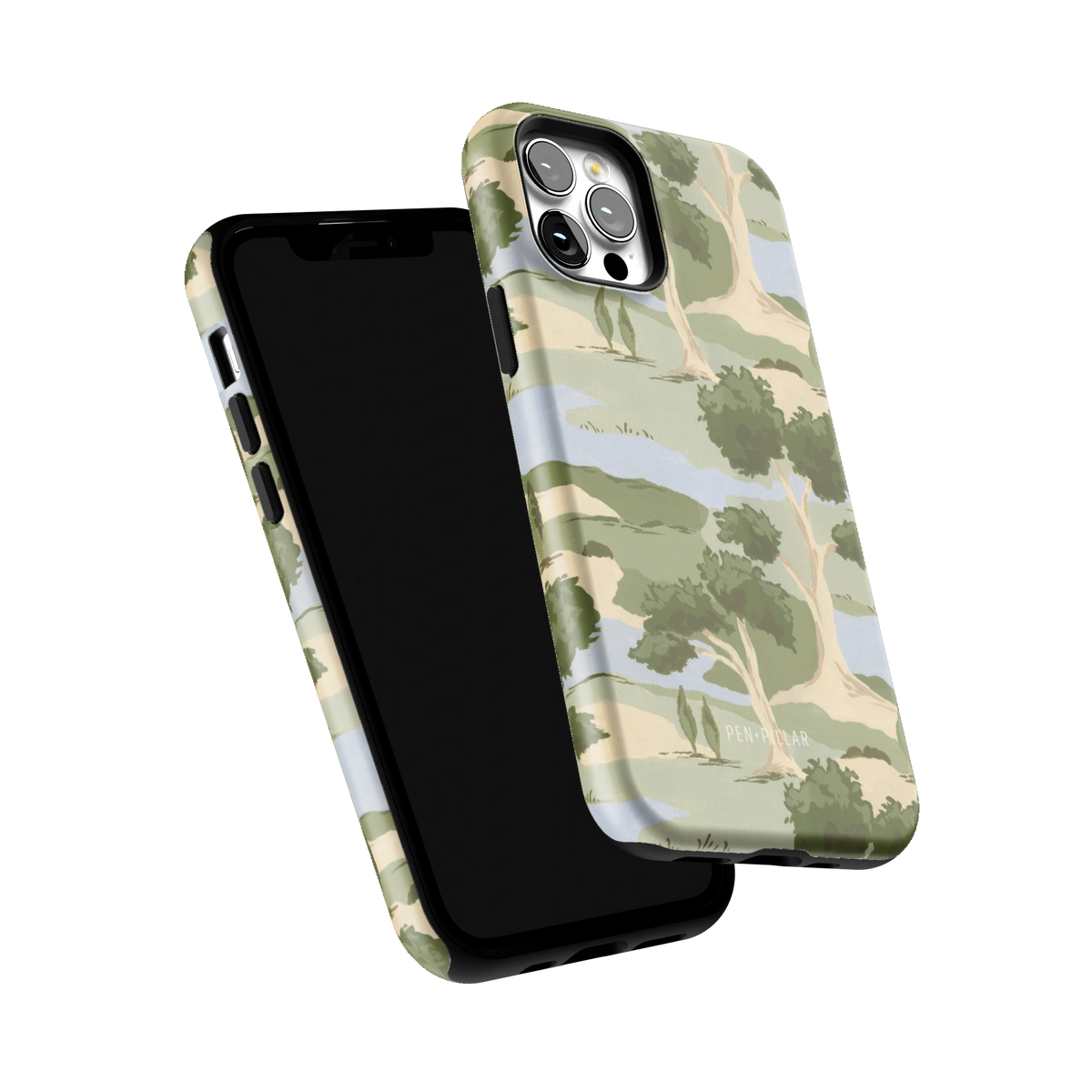 Orchard iPhone 12 Pro case tilted to show the raised edges around the screen and camera