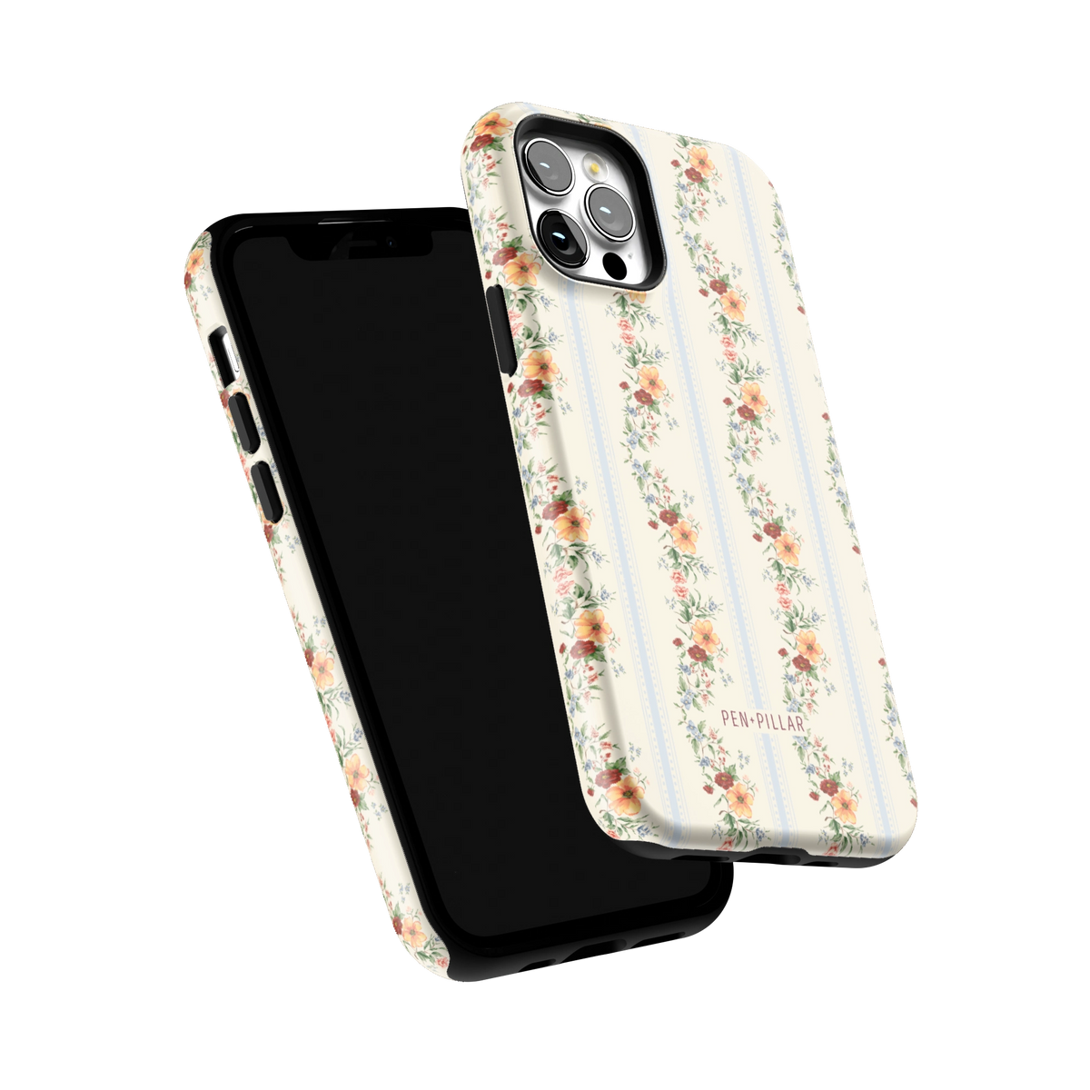 Wallflower iPhone 12 Pro case tilted to show the raised edges around the screen and camera