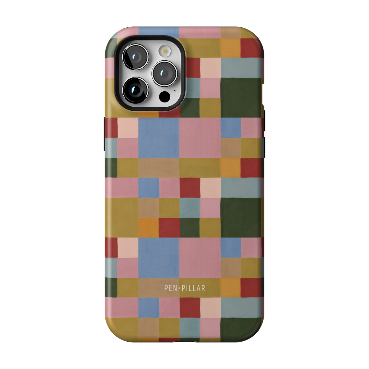 Colorblock case on iPhone 12 Pro Max, back view: painterly squares in blush, sky blue, mustard, rust and forest green