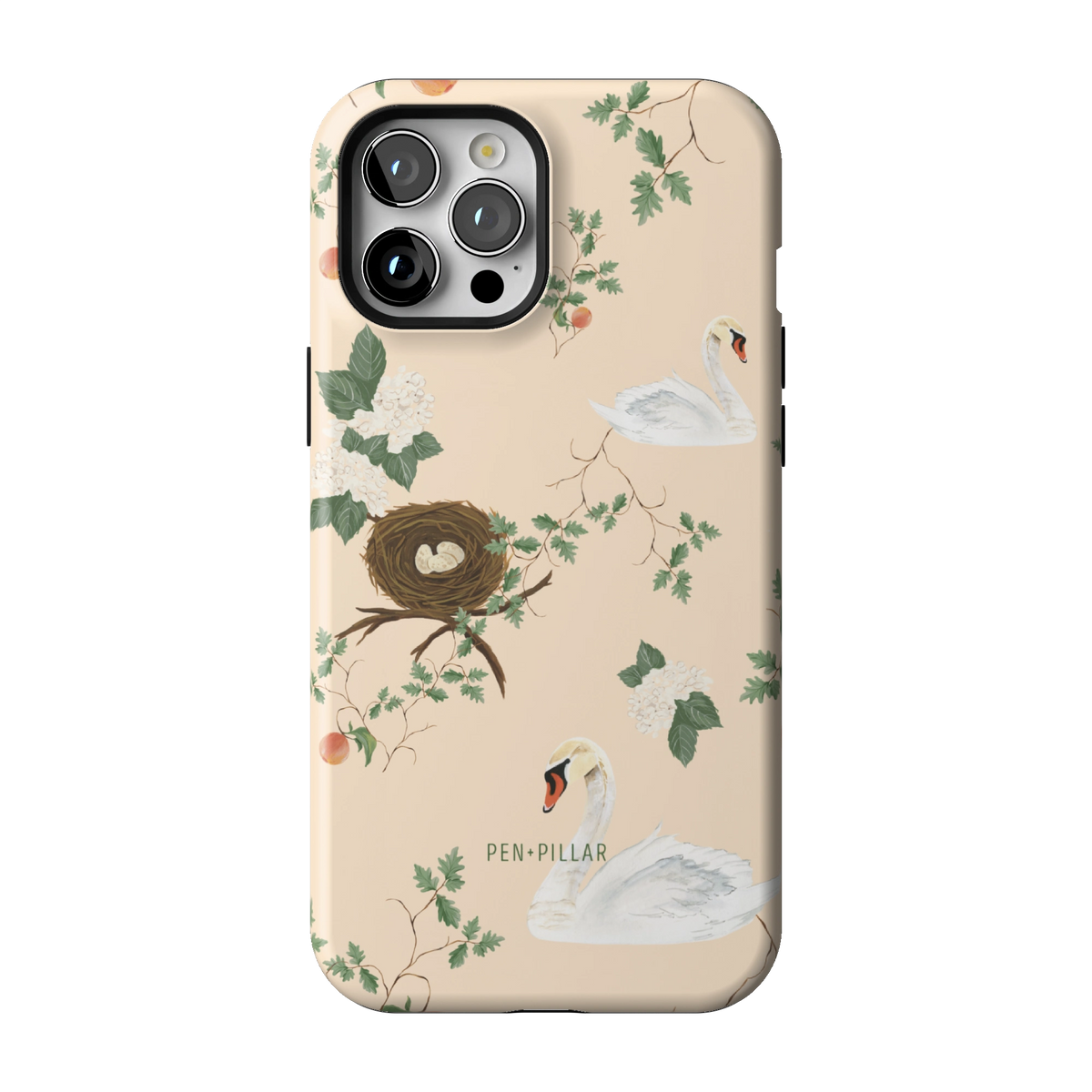 Swan Hollow case on iPhone 12 Pro Max, back view: swans, a bird's nest and trailing greenery on cream